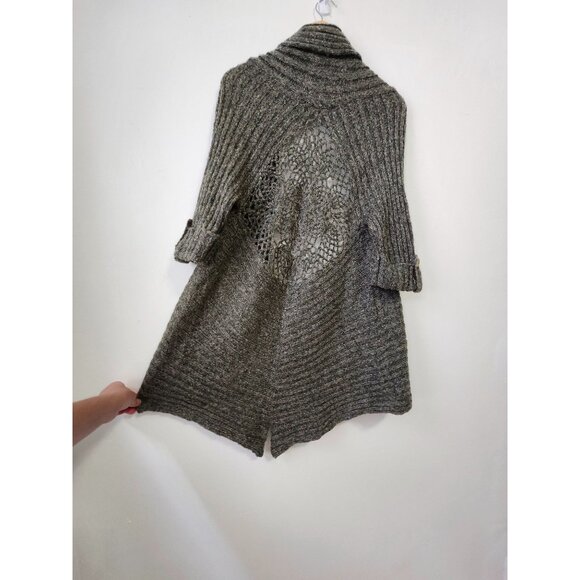 BCBG Forest Green Long Knit Cardigan Sweater Shall Collar Crochet Design Back - Picture 5 of 13